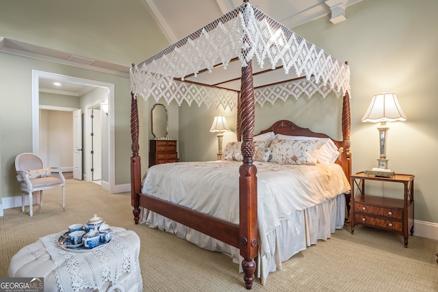 carpeted bedroom with crown molding