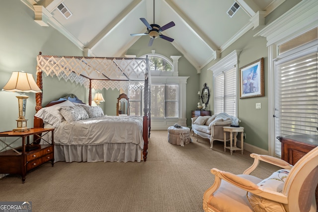 bedroom featuring ornamental molding, carpet floors, high vaulted ceiling, and ceiling fan