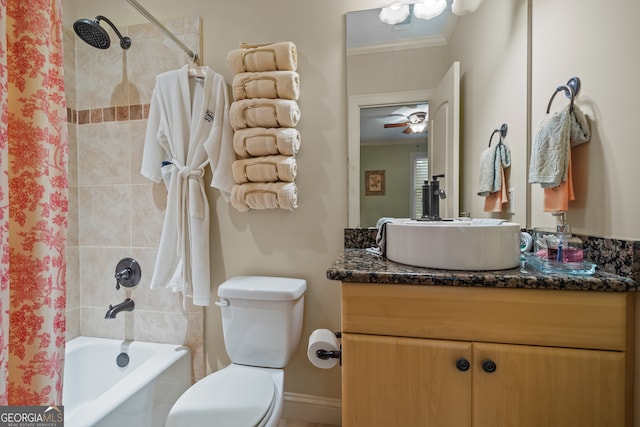 full bathroom with toilet, ceiling fan, vanity, shower / tub combo with curtain, and ornamental molding