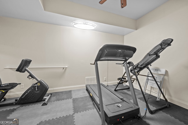 exercise area with ceiling fan