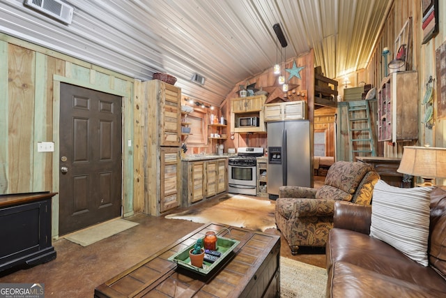 living room with wooden walls, wooden ceiling, and lofted ceiling