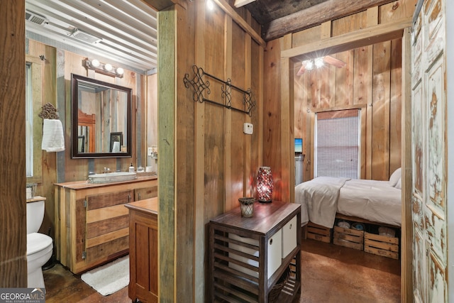 bedroom with wooden walls