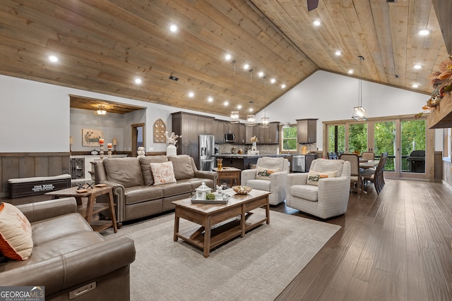 living room with wooden ceiling, hardwood / wood-style floors, ceiling fan, and high vaulted ceiling