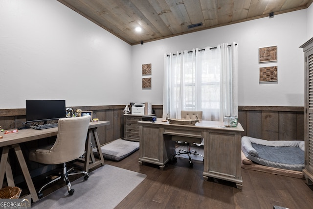 home office with wood walls, dark hardwood / wood-style flooring, and wooden ceiling