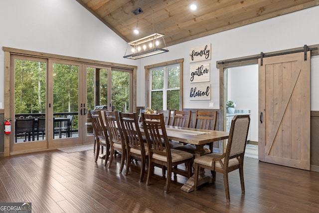 dining space featuring wood ceiling, a barn door, high vaulted ceiling, dark hardwood / wood-style flooring, and french doors