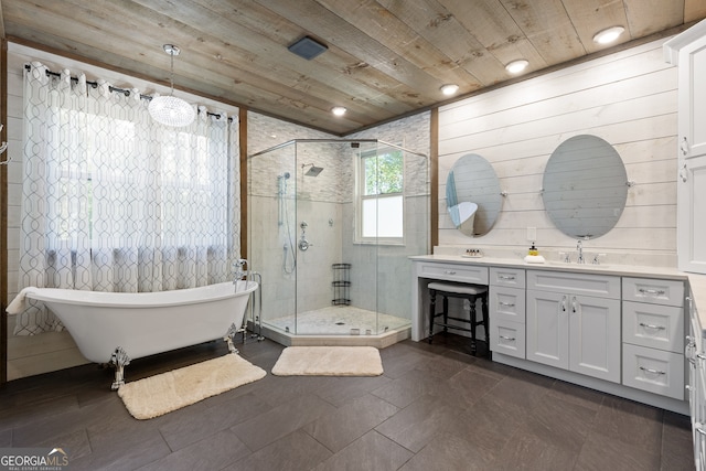 bathroom with vanity, wooden walls, shower with separate bathtub, and wooden ceiling