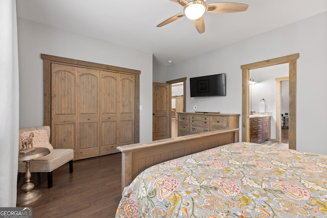 bedroom with ceiling fan, a closet, ensuite bath, and dark wood-type flooring