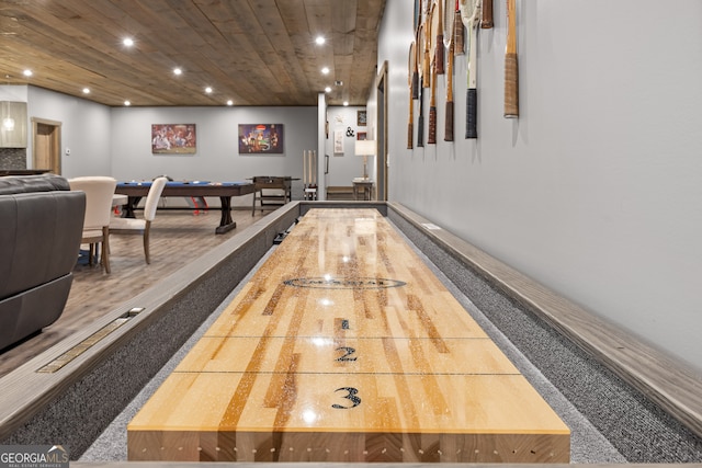 recreation room with wood ceiling and pool table