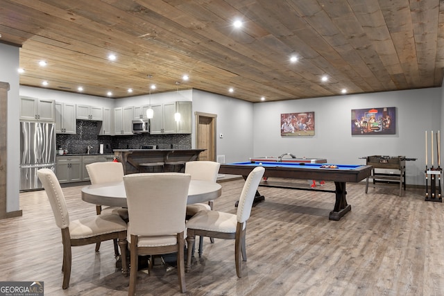 recreation room featuring wood ceiling, pool table, and light hardwood / wood-style floors