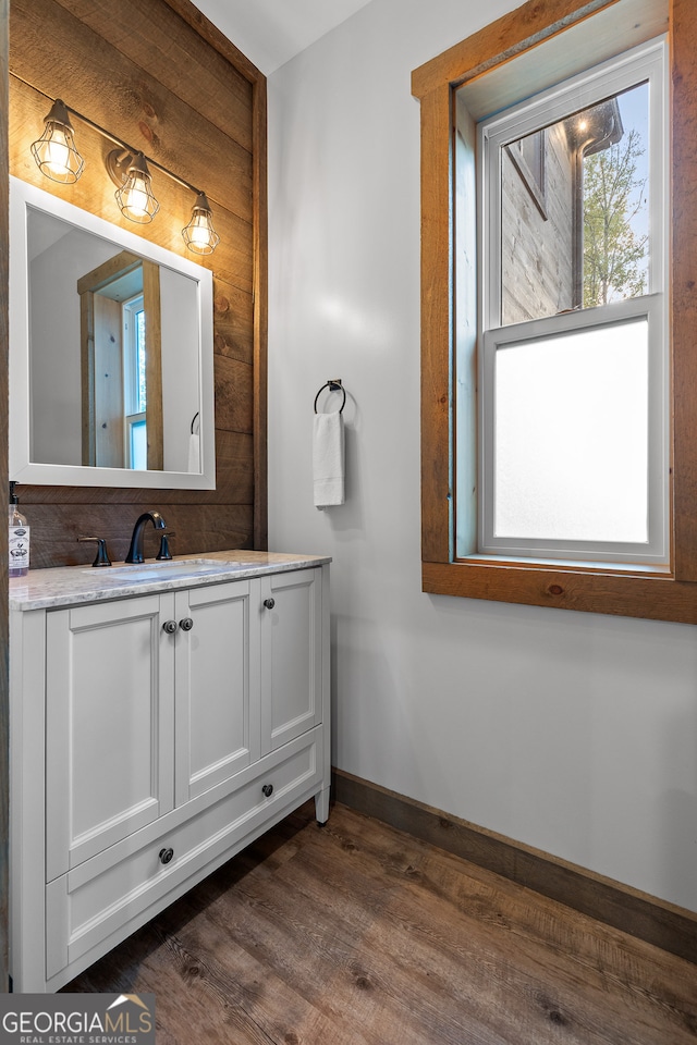 bathroom with wood-type flooring and vanity