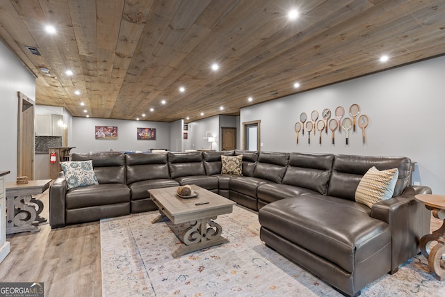 living room featuring wood ceiling and light wood-type flooring