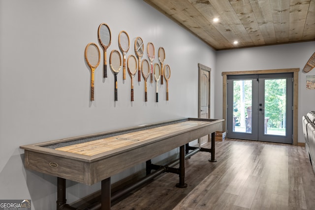 rec room with hardwood / wood-style flooring, wooden ceiling, and french doors