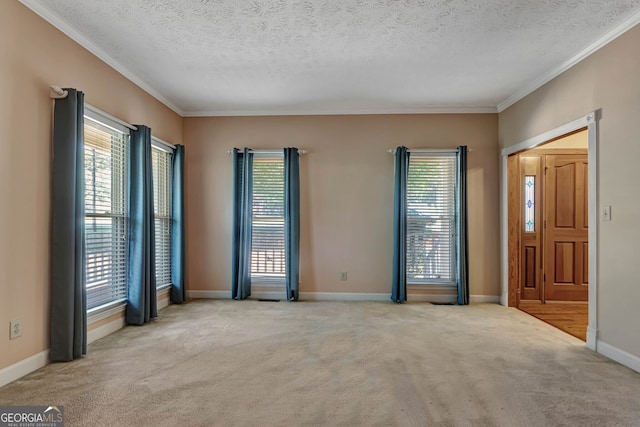 unfurnished room featuring light colored carpet, a textured ceiling, and ornamental molding