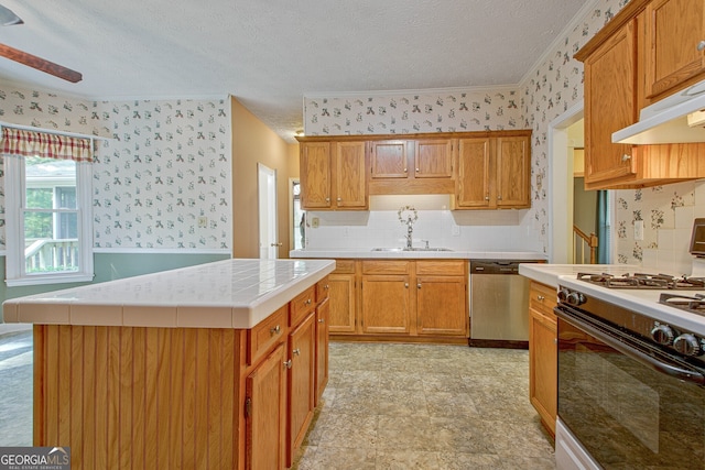 kitchen with dishwasher, a textured ceiling, a center island, white gas stove, and sink