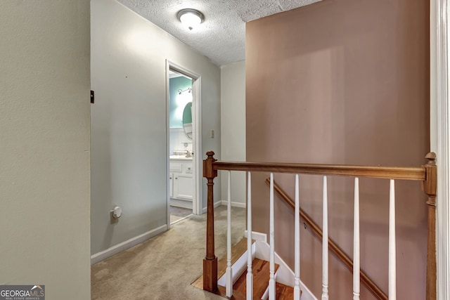 corridor with light colored carpet, a textured ceiling, and sink