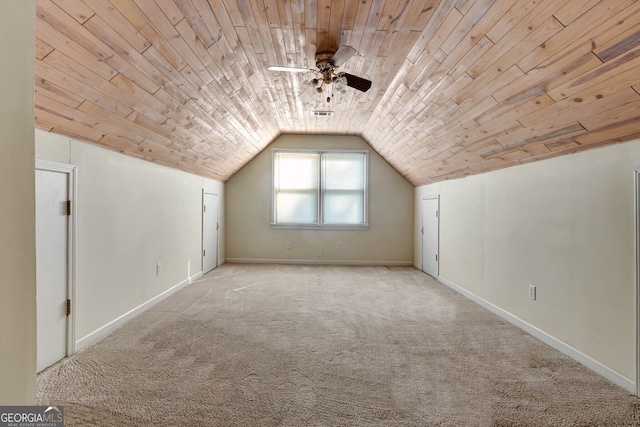 bonus room featuring light carpet, vaulted ceiling, ceiling fan, and wooden ceiling