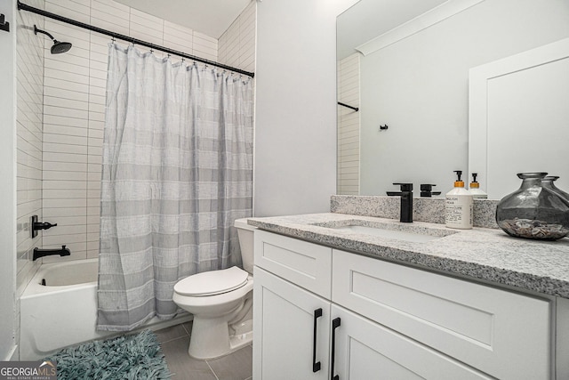 full bathroom featuring tile patterned flooring, toilet, shower / tub combo, and vanity