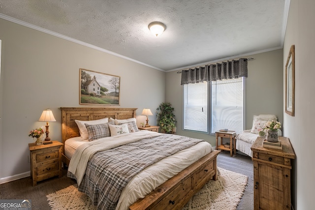 bedroom featuring dark carpet, a textured ceiling, and crown molding