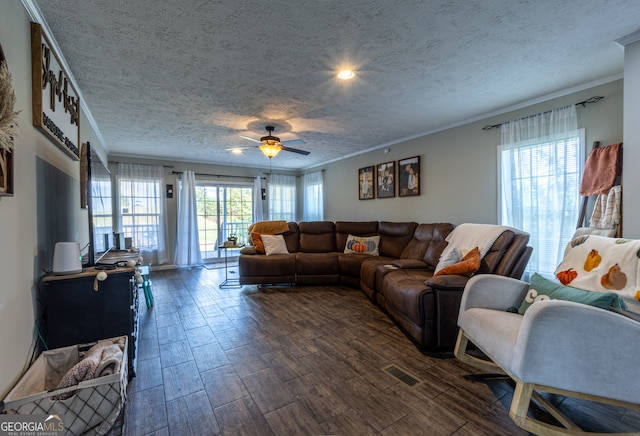 living room featuring ceiling fan, a textured ceiling, crown molding, and dark wood-type flooring