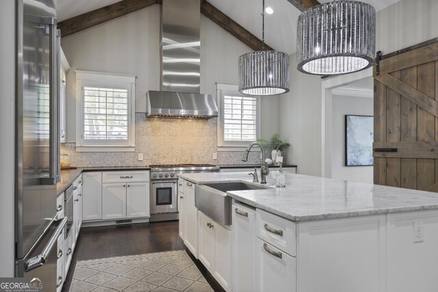 bar with french doors, dark wood-type flooring, sink, and white cabinetry