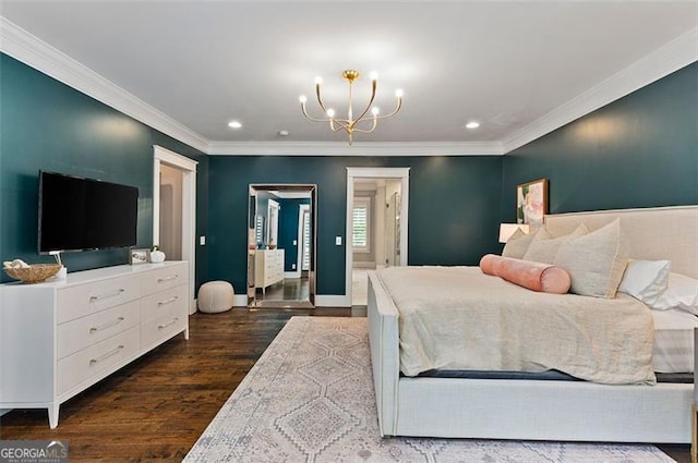 bedroom with ornamental molding, dark hardwood / wood-style flooring, and a notable chandelier