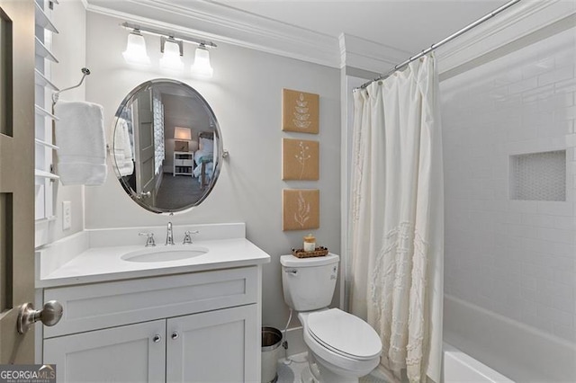 full bathroom featuring ornamental molding, shower / bath combination with curtain, vanity, and toilet