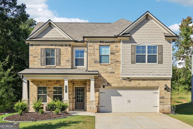 craftsman inspired home with a garage and a front lawn