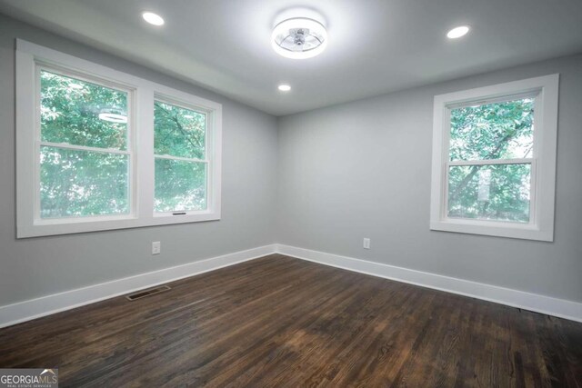 empty room featuring a healthy amount of sunlight and dark hardwood / wood-style flooring