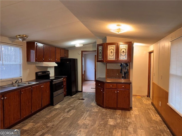 kitchen with hardwood / wood-style floors, sink, lofted ceiling, and black appliances