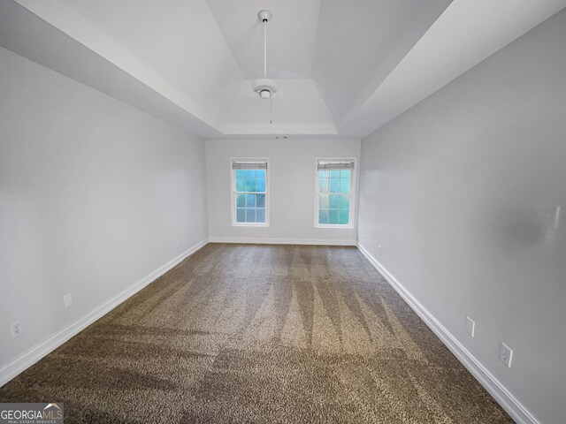 unfurnished room with a raised ceiling and carpet floors