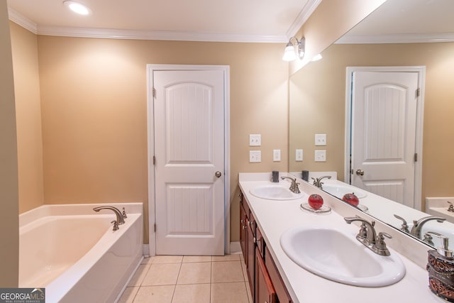 bathroom featuring tile patterned floors, vanity, and crown molding