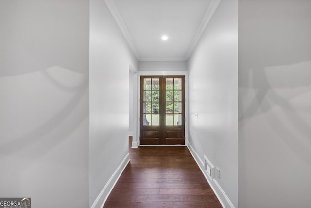 entryway featuring dark hardwood / wood-style floors, french doors, and ornamental molding