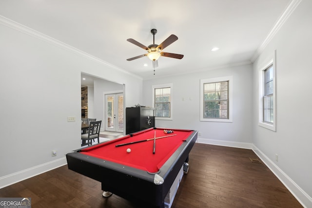 recreation room with ornamental molding, ceiling fan, dark hardwood / wood-style floors, and pool table