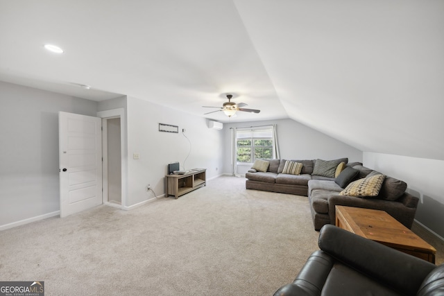 carpeted living room featuring lofted ceiling and ceiling fan