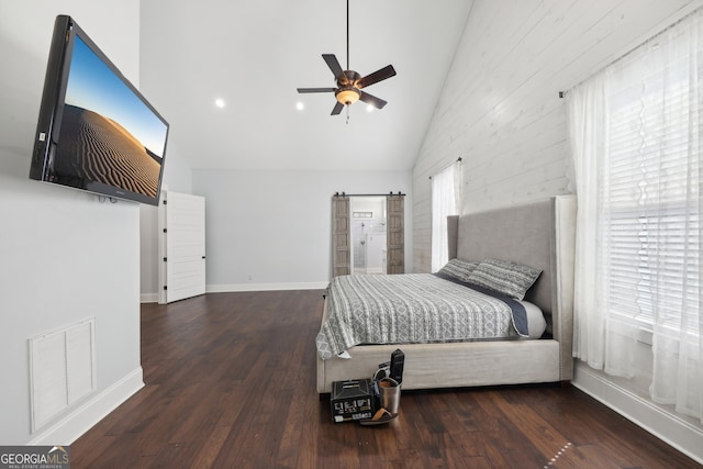 bedroom featuring high vaulted ceiling, dark hardwood / wood-style floors, and ceiling fan