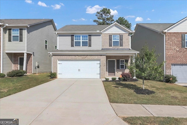 traditional home featuring a garage, driveway, brick siding, and a front lawn