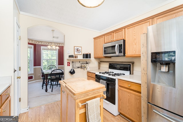 kitchen with appliances with stainless steel finishes, crown molding, light wood-type flooring, and a notable chandelier