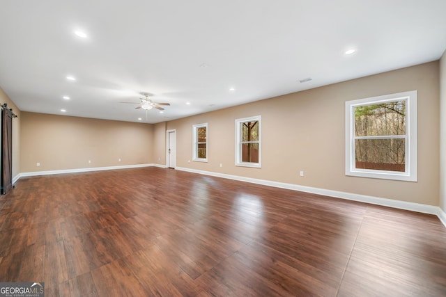 unfurnished living room featuring recessed lighting, baseboards, and ceiling fan