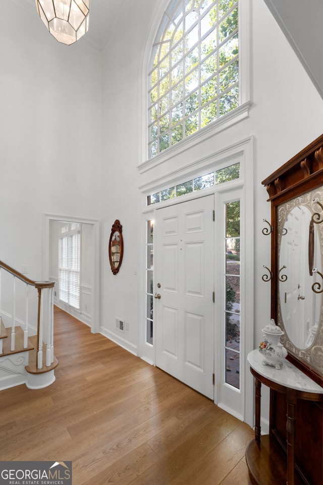 entrance foyer featuring light wood-type flooring, a high ceiling, and a wealth of natural light