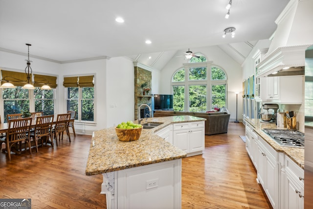 kitchen with stainless steel gas cooktop, light wood-type flooring, premium range hood, and white cabinets