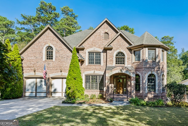 view of front of home featuring a front yard and a garage