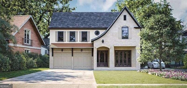 view of front facade featuring a front yard and a garage