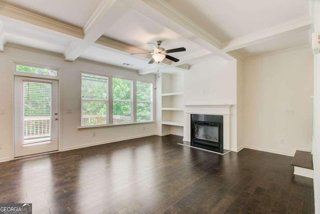 unfurnished living room with ceiling fan, ornamental molding, beam ceiling, coffered ceiling, and dark hardwood / wood-style floors