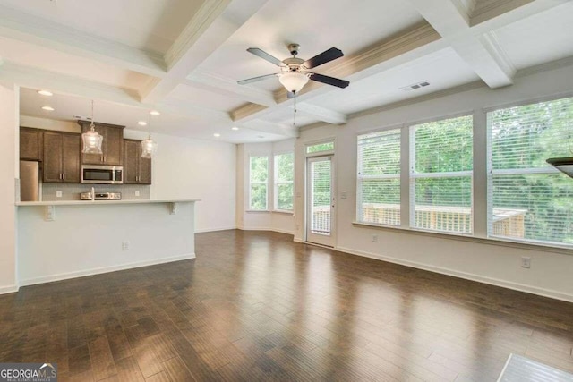 unfurnished living room featuring crown molding, coffered ceiling, dark hardwood / wood-style floors, and ceiling fan