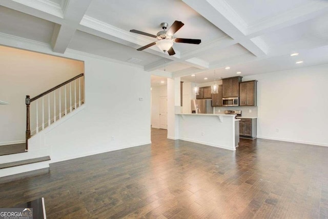 unfurnished living room with ceiling fan, beamed ceiling, dark hardwood / wood-style floors, and coffered ceiling