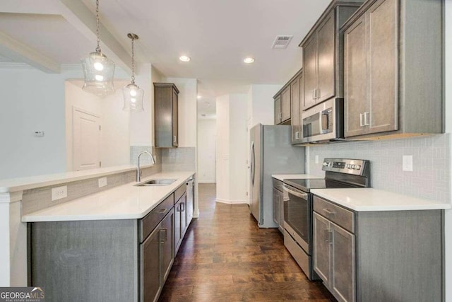 kitchen featuring dark wood-type flooring, sink, hanging light fixtures, stainless steel appliances, and backsplash