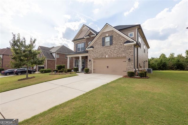 view of front facade featuring a front yard, a garage, and central AC unit