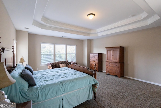 carpeted bedroom featuring a tray ceiling