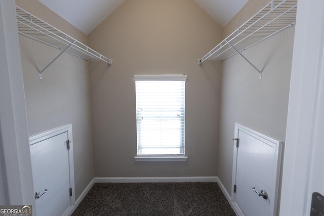 spacious closet with high vaulted ceiling and carpet flooring