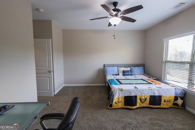 carpeted bedroom featuring ceiling fan